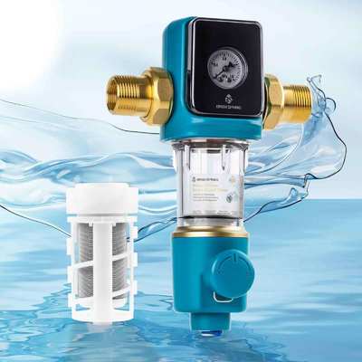 Filtro de pre-filtración giratorio con sifón de 40 micras y descarga automática sin BPA para sistemas de agua domésticos con limpiador raspador integrado