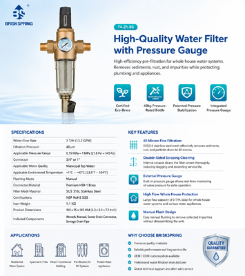 BriskSpring Filtro de agua manual para toda la casa con una malla de acero inoxidable de 40 micras, medidor de presión integrado y conector de latón premium H59-1