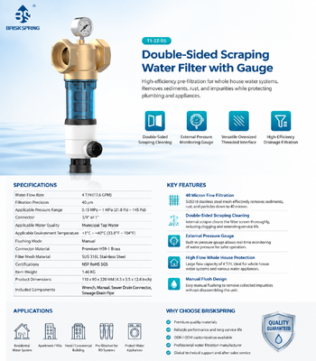 BriskSpring T1-Z2-BS Prefiltro de agua para toda la casa de raspado de doble cara con filtración y manómetro de presión de 40 micras