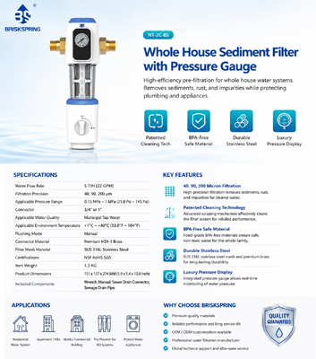 Filtro previo de sedimentos para toda la casa BriskSpring N1-2C-BS con filtración de 40 micrones y malla de acero inoxidable SUS316L