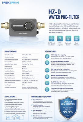 BriskSpring HZ-D 40 Micron Prefiltro de sedimentos de toda la casa con 7 T/H de flujo y 360 grados de instalación giratoria