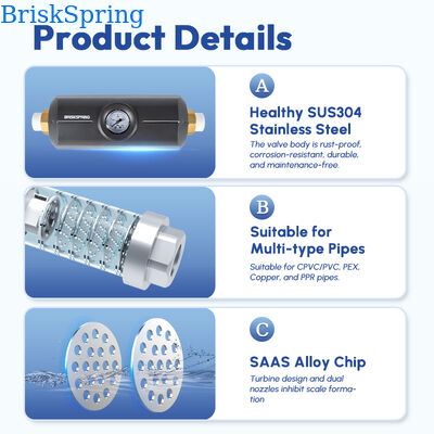 Salt Free Whole House Water Descaler with Integrated Pressure Gauge Inline Physical Scale Inhibitor for Hard Water