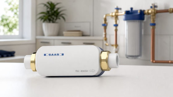 Descalcificador de agua físico para toda la casa con polarización iónica física pura, sin regeneración de sal y configuración compacta en línea