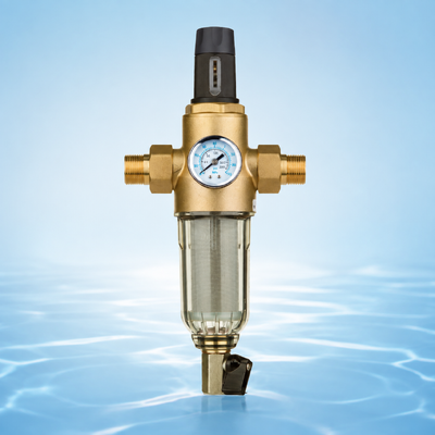BriskSpring Filtro de agua manual para toda la casa con una malla de acero inoxidable de 40 micras, medidor de presión integrado y conector de latón premium H59-1