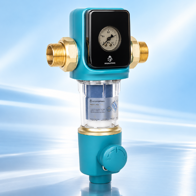 Filtro de agua prefiltro de malla reutilizable de 40 micrones con raspador autolimpiante accionado por agua para filtración de sedimentos de giro descendente para toda la casa